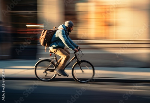  An abstract of a man riding his bike, in the style of graflex speed graphic
