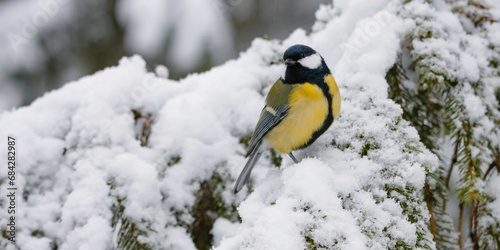 Closeup shot of a great tit perched on a snow-covered tree branch