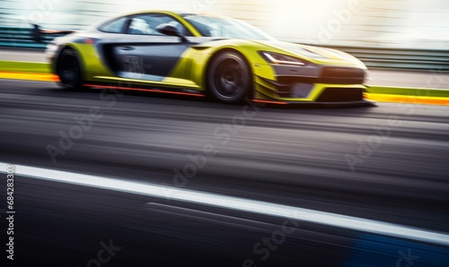 Race car blurred motion crossing the finish line on international circuit speed track, Motion blur Racing car crossing finish line on asphalt main straight, Generative AI 