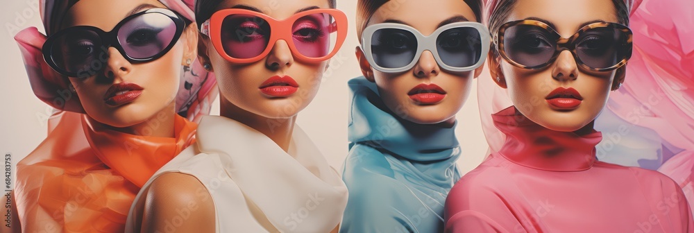 Obraz premium Young girls in beautiful fashionable clothes in pastel colors, fashion magazine cover, high fashion, banner