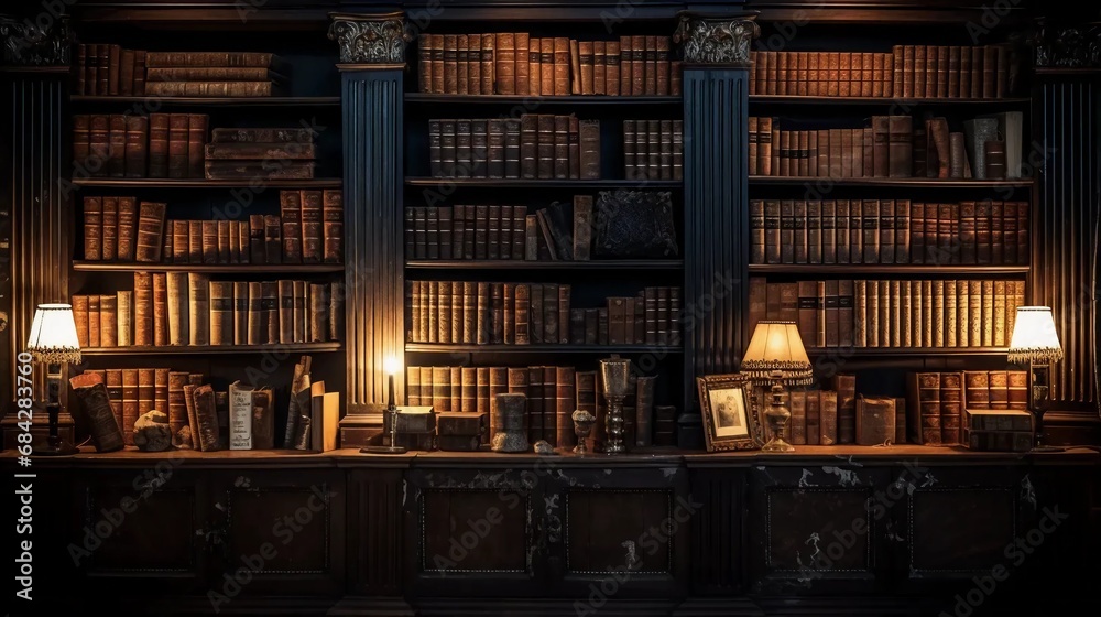 A shelf with old books, an atmospheric library inside the house A shelf with old books, an atmospheric library inside the house