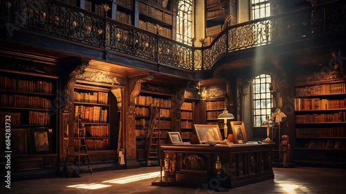 Old library, room interior with bookshelves and old furniture