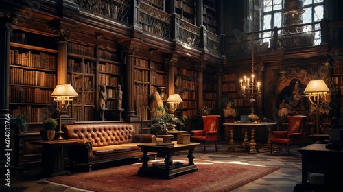 Old library, room interior with bookshelves and old furniture