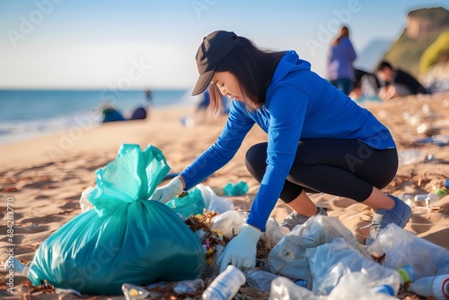 Asian women pick up plastic waste on the beach to eliminate plastic pollution photo