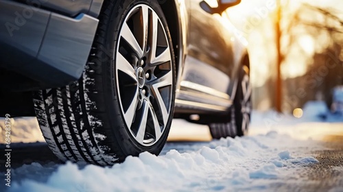 Winter tires against the background of a snow-covered road