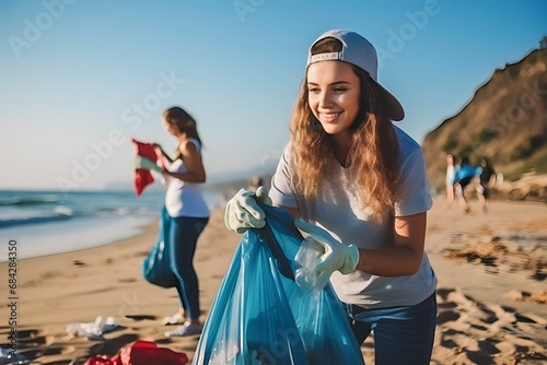 American women pick up plastic waste on the beach to eliminate plastic pollution