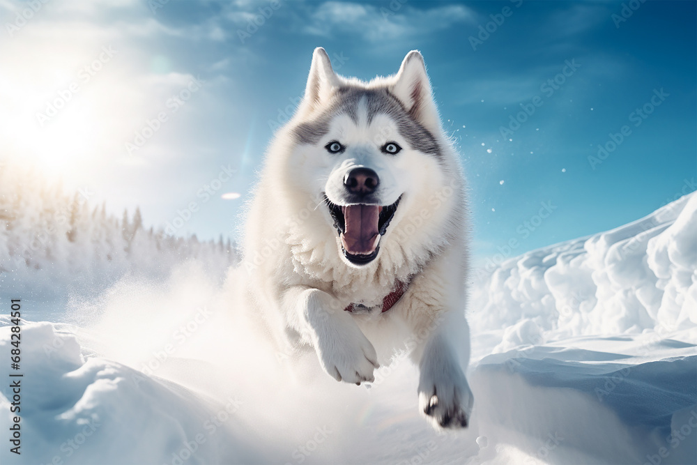 Happy husky dog running in the snow on a sunny winter day - AI Generated Happy husky dog running in the snow on a sunny winter day - AI Generated