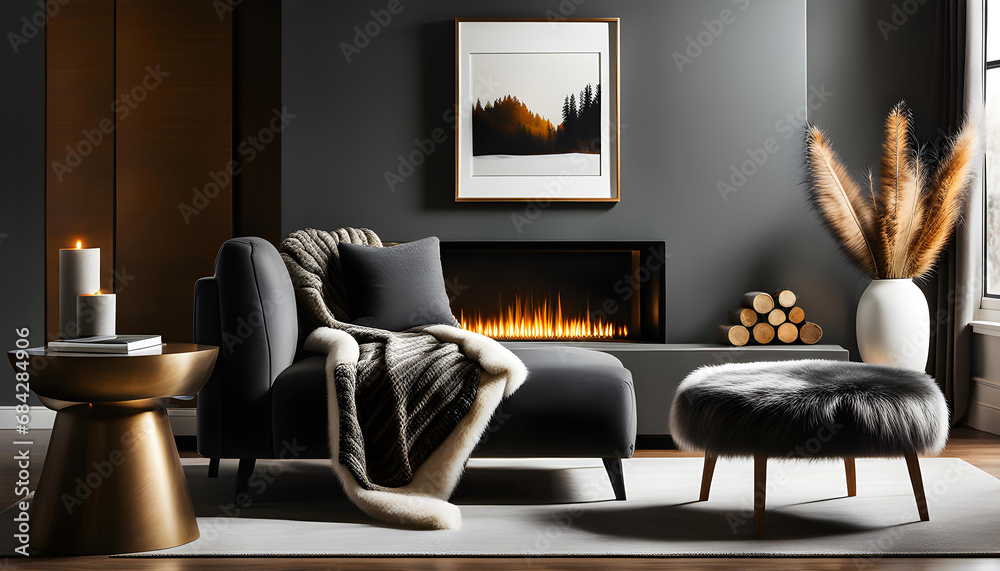 Obraz premium Interior design of a modern living room with a blanket on a gray sofa and pouf in a room with a fireplace. Hygge lifestyle,