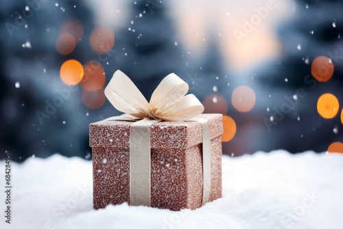 A large gift box lies in the snow, a perfect template for Christmas sales © spyrakot