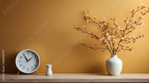 Ceramic vase standing on a table with a bouquet of flowers with shadows on a light brown or beige wall background photo