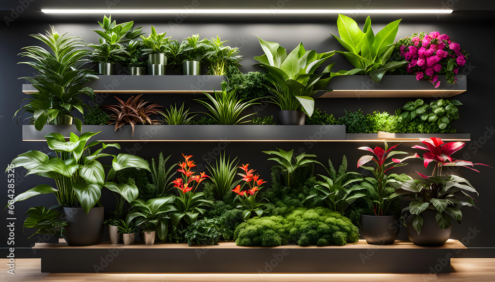 Indoor plants in living wall design with copy space. Advanced interior design of modern room,