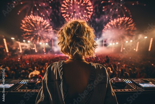 Woman at DJ state in music festival with fire work. Generative AI