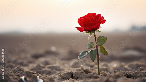 A single beautiful, bright red rose in a ground in a desert