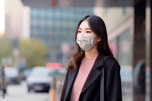 Asian woman wearing a mask walks on the street