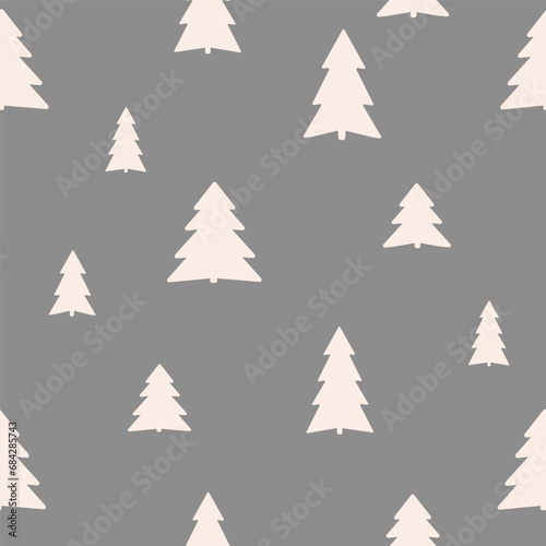 Christmas trees seamless pattern. New Year, Christmas. Festive winter gray background for printing on wrapping paper, textiles, fabric, gift paper, for design. Scandinavian style. Minimalist style.
