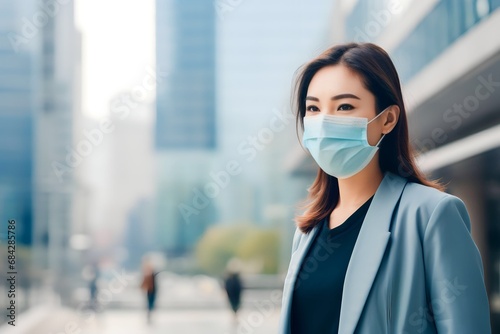 Asian woman wearing a mask walks on the street