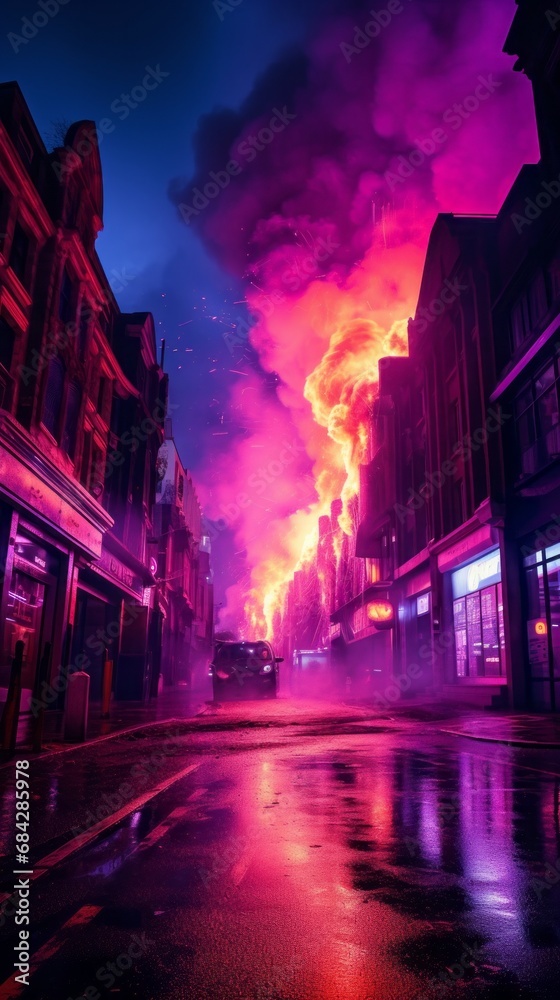 Apartment building fire in the city, skyscraper burning in neon purple colors, the problem of extinguishing high-rise houses