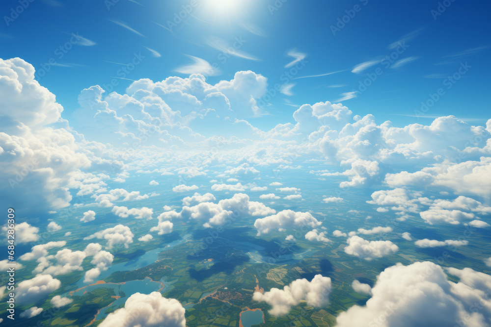 Aerial survey depicting the urban area and expansive agricultural terrain. Overhead scene glimpsing through the cloud bank. - obrazy, fototapety, plakaty 