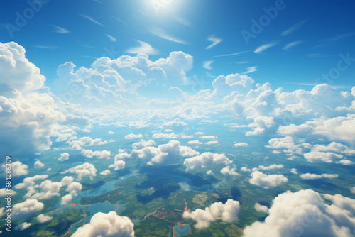 Aerial survey depicting the urban area and expansive agricultural terrain. Overhead scene glimpsing through the cloud bank. photo