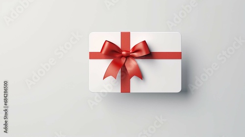 Blank white gift card with red ribbon bow isolated on grey background with shadow minimal conceptual. create using a generative ai tool 