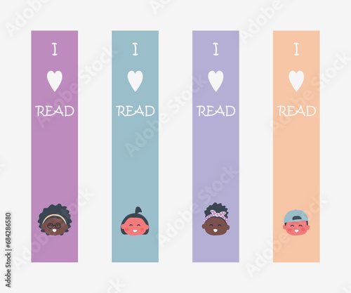 Multicolored bookmarks set. Printable samples. Cute boys and girls faces, texts "I love to read" on the bookmarks. Vector illustration.