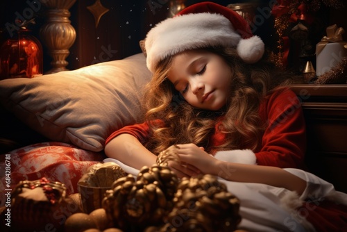 Little girl in Santa costume sleeping with gift boxes