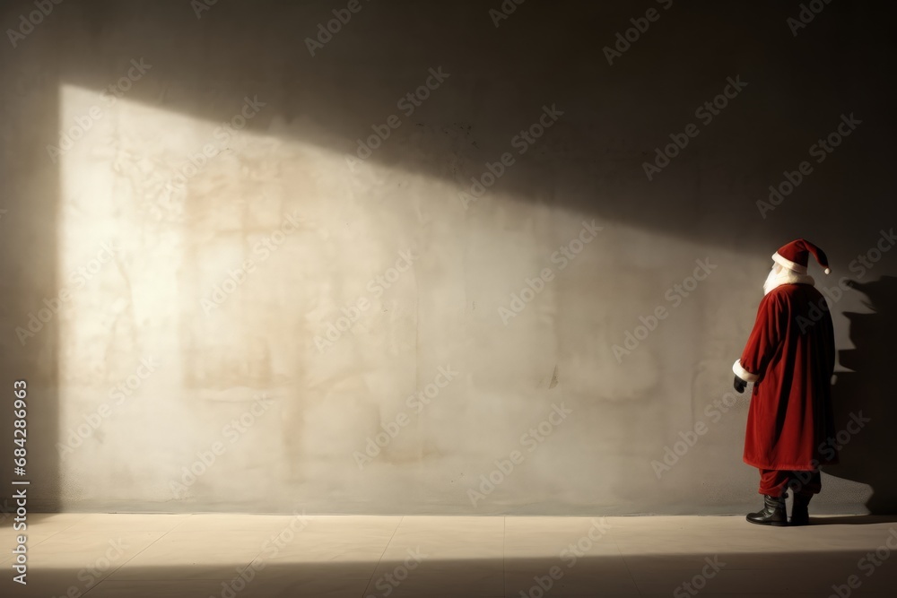 Santa Claus standing in front of an empty wall Christmas depression and loneliness Santa Claus standing in front of an empty wall Christmas depression and loneliness