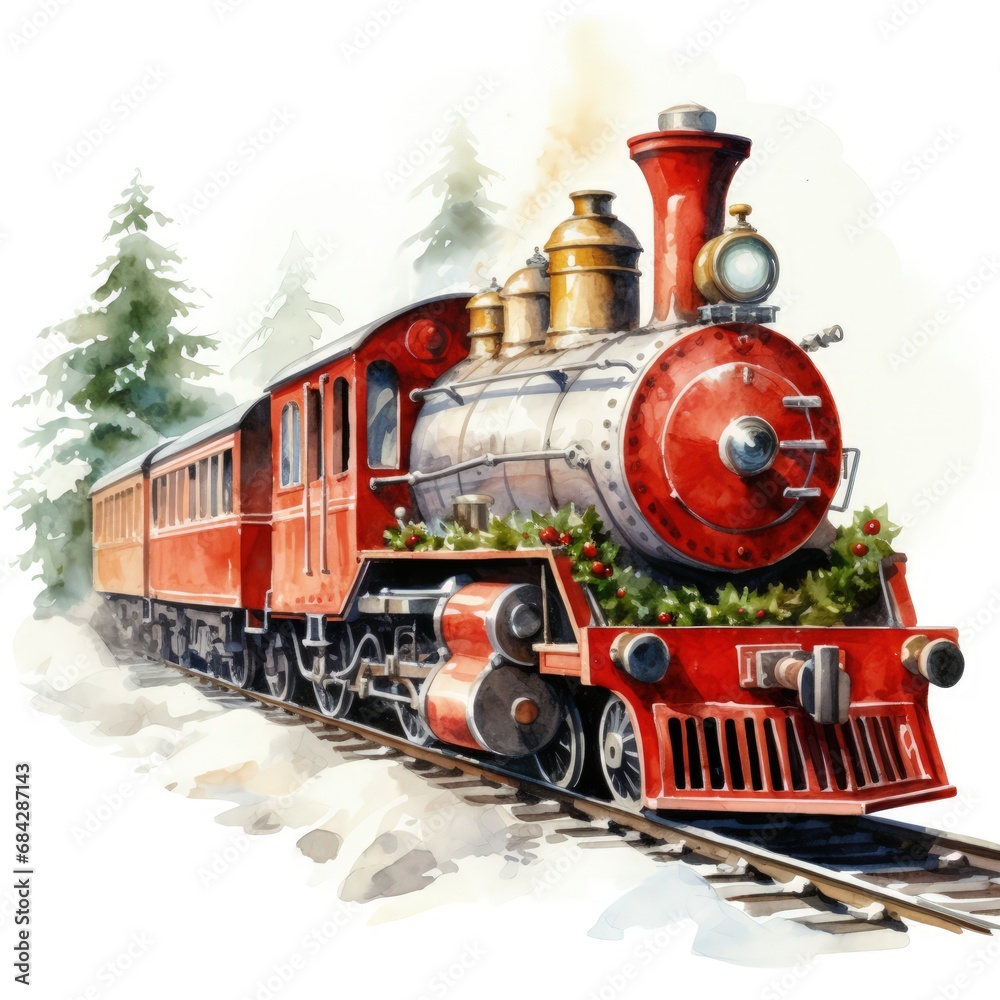 Watercolor Christmas train on white background