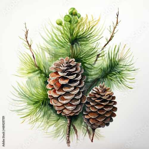 Watercolor pine cones on white background