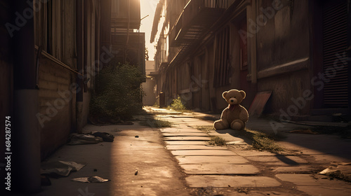 Abandoned Comfort: A Teddy Bear Alone in the Dim Light of a Narrow Alleyway at NightAI generativ