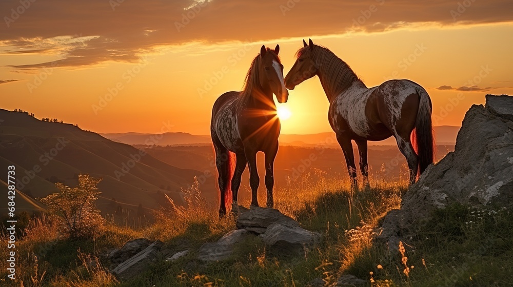 A demonstration of tenderness among beautiful horses in the mountains at sunset. Agriculture and horse care - obrazy, fototapety, plakaty 
