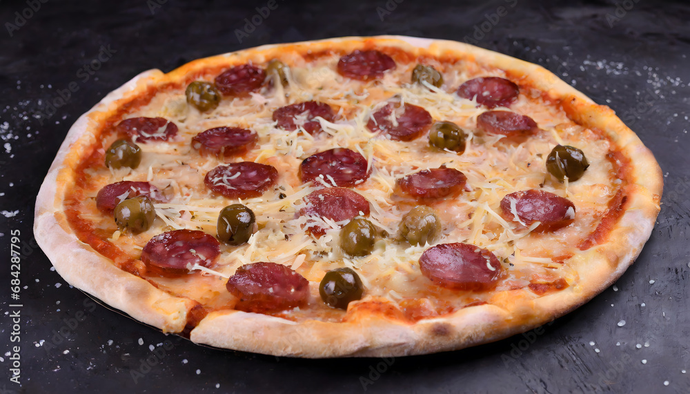 salamipizza, neu, closeup, oliven, essen, hintergrund