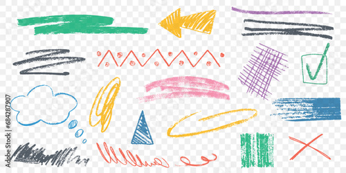 Hand drawn colored charcoal pencil stroke lines, grids and squiggles set. Color strokes, crayon curly scribbles. Grungy pen art brushes, textured doodle freehand chalk drawing line stripes and waves. photo