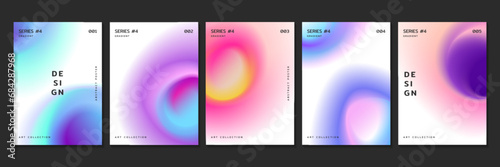 Fluid gradient backgrounds with radial blur neon effect. Set of covers design template with blurred glowing circles and iridescent color gradation. Posters or flyers with abstract glow circular stains