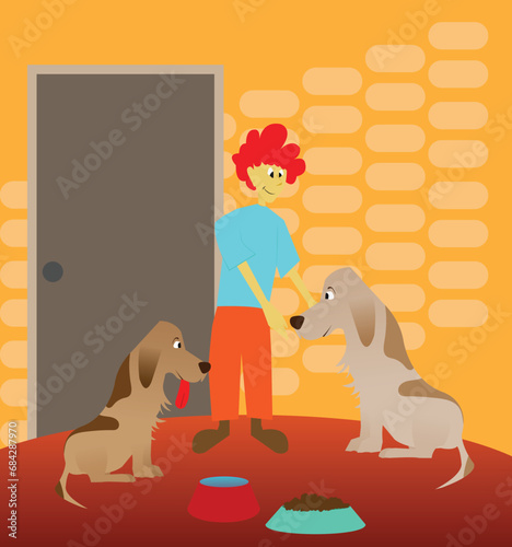 Illustration Man with Two Pet Dogs