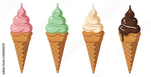 Ice Cream Cones lined up, Strawberry, Pistachio Mint, Vanilla and Chocolate  ice cream cone isolated, SVG vector art, creamery, ice cream shop flavors variety, traditional, frozen desert, soft serve