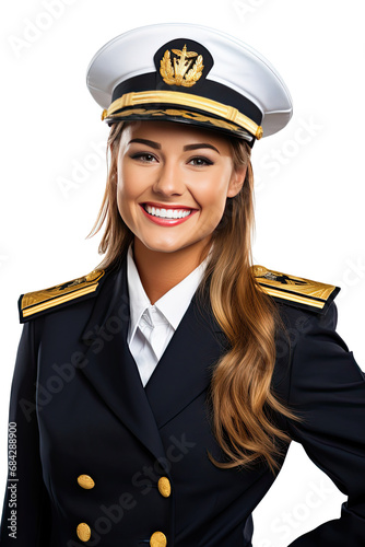 Pretty ship captain girl woman driving the big cruise ships. On isolated white background. Generative AI