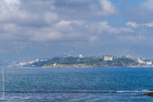 Magdalena Peninsula in Santander from across the Bay of Santander, on the peninsula you see the former castle of the royal family of Spain, Cantabria, Spain