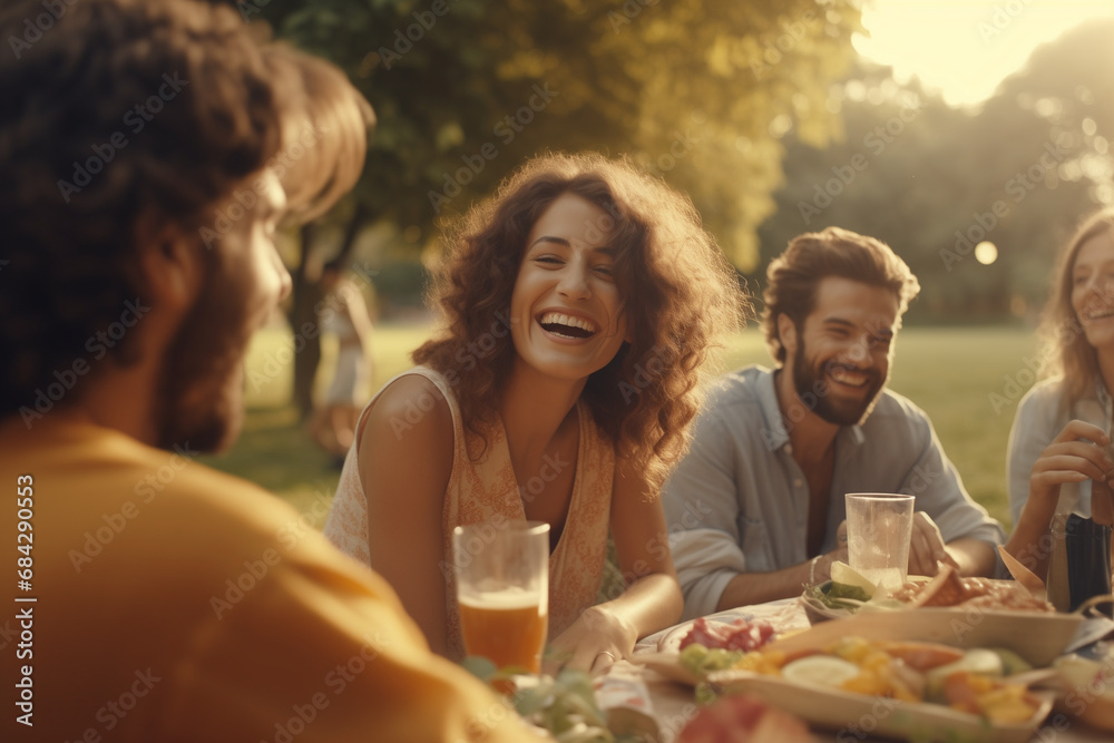 Happy friends having fun outdoor. Group of friends having drink and food party together in the park. Young people sitting and smiling in garden. digital ai Happy friends having fun outdoor. Group of friends having drink and food party together in the park. Young people sitting and smiling in garden. digital ai