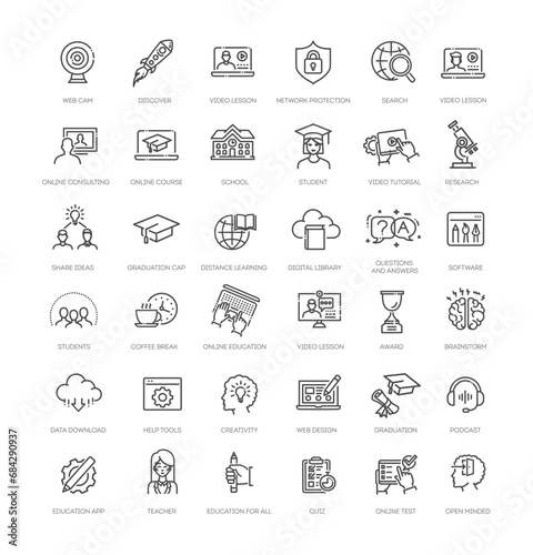 Collection of e-learning related line icons