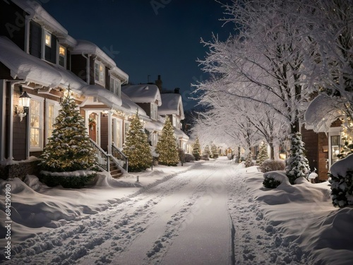 Sparkling Lights: Houses Glowing in Snowy Streets, Creating a Festive Winter Scene © Roberto
