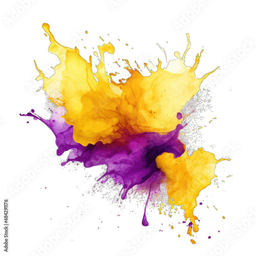Watercolor paint purple and yellow gold splashes - abstract ink - isolated on transparent background