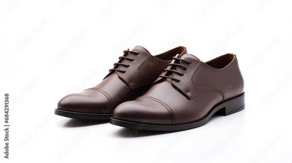 Dark brown matt color shoes, pair of brown shoes, male fashion style, suitable for wears formal dress code, isolated on white background with front view  