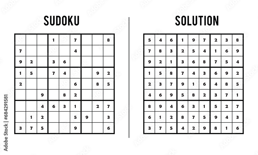 Sudoku Puzzles for Kids and Adults, Game With Solution, Magic Square. Logic puzzle game. Digital rebus Sudoku Puzzles for Kids and Adults, Game With Solution, Magic Square. Logic puzzle game. Digital rebus