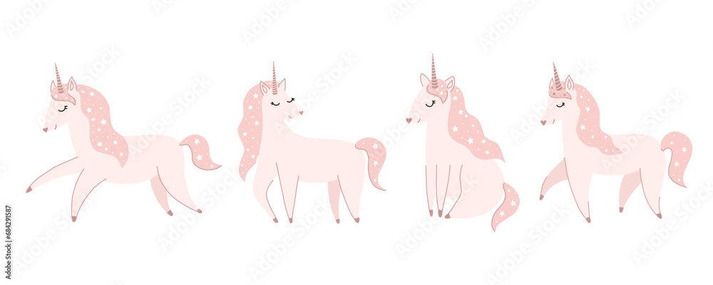 Vector illustration of cute hand drawn unicorns. Magic doodle illustration for baby