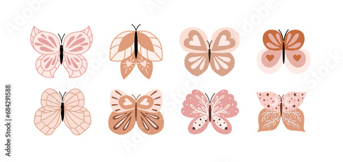 Cute butterflies, vector hand drawn collection set on isolated white background. Hand drawn vector illustrations for baby. Beautiful boho butterflies for children