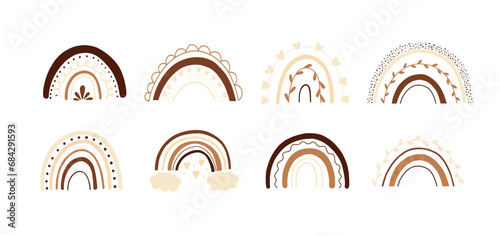 bohemian style rainbow cute set. Baby cute pink rainbows in hand drawn style. Vector boho illustration for children	
