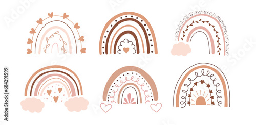 bohemian style rainbow cute set. Baby cute pink rainbows in hand drawn style. Vector boho illustration for children