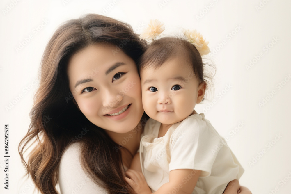 asian mother holding her baby bokeh style background