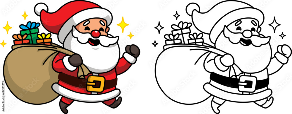 Santa Claus is running with a bag of gifts behind his back Santa Claus is running with a bag of gifts behind his back